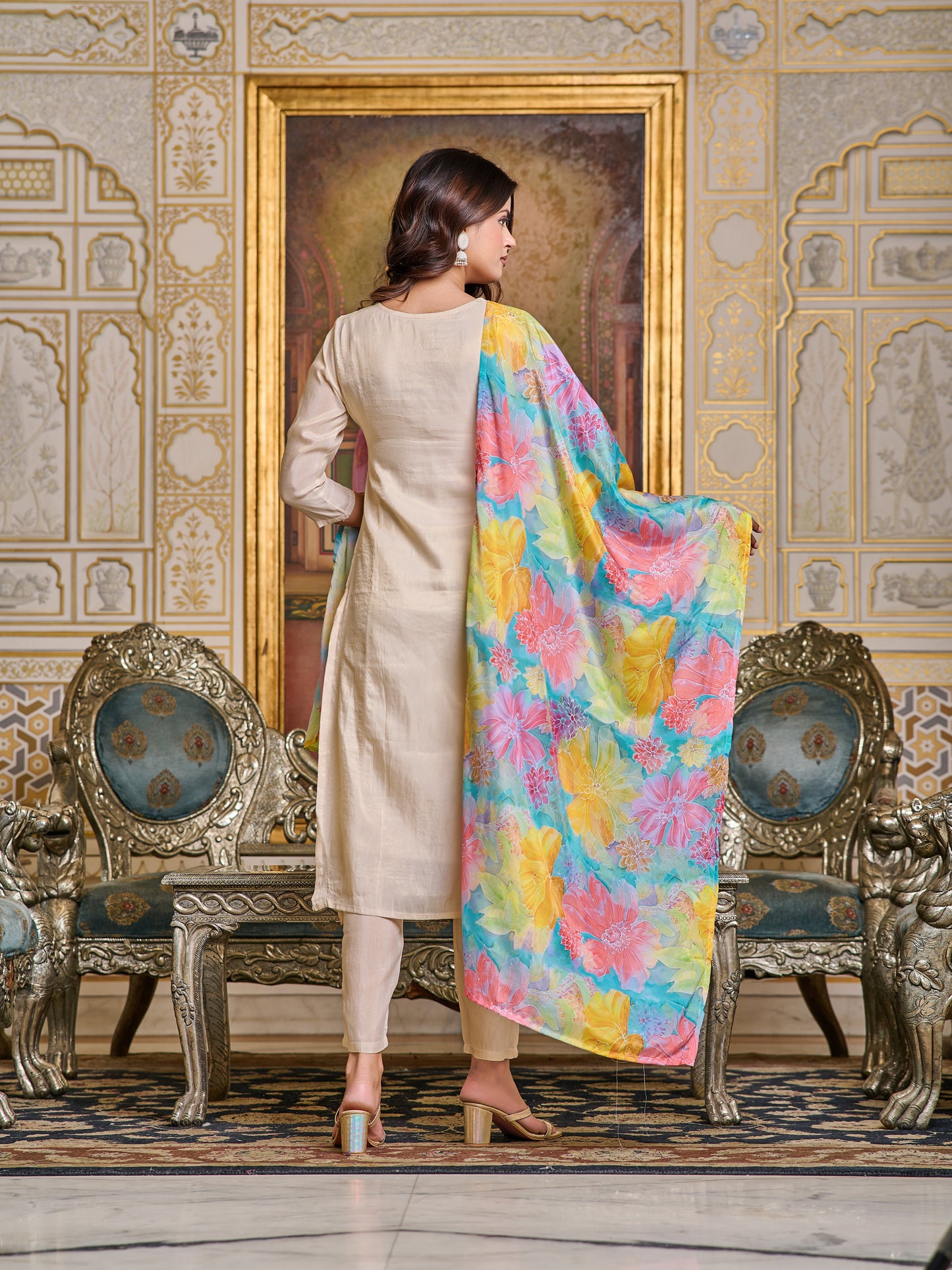 Dark White Shimmer Readymade Embroidered Kurti Set