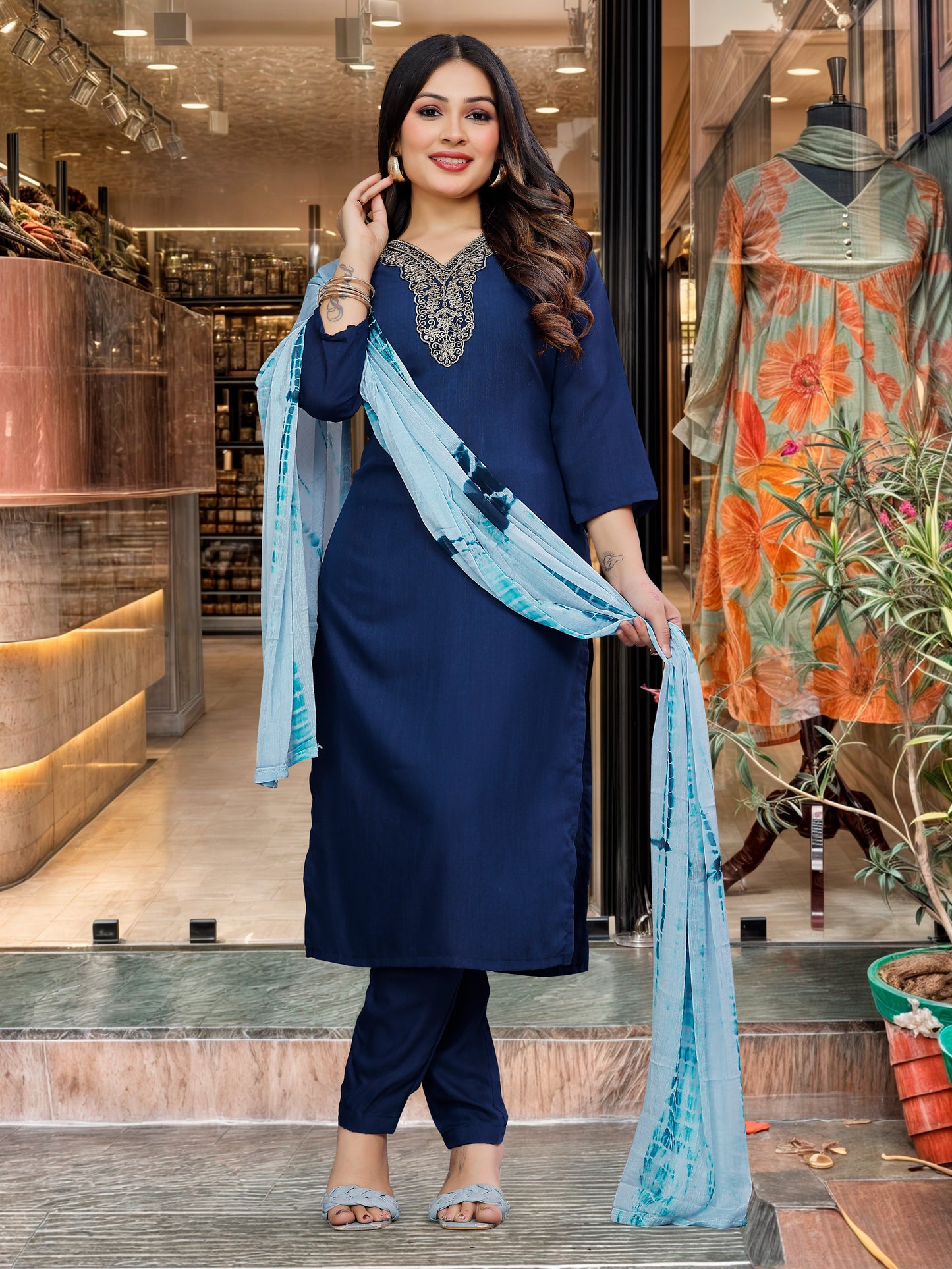 Blue Straight Salwar Suit in Magic Slub With Sequence Coding Embroidery