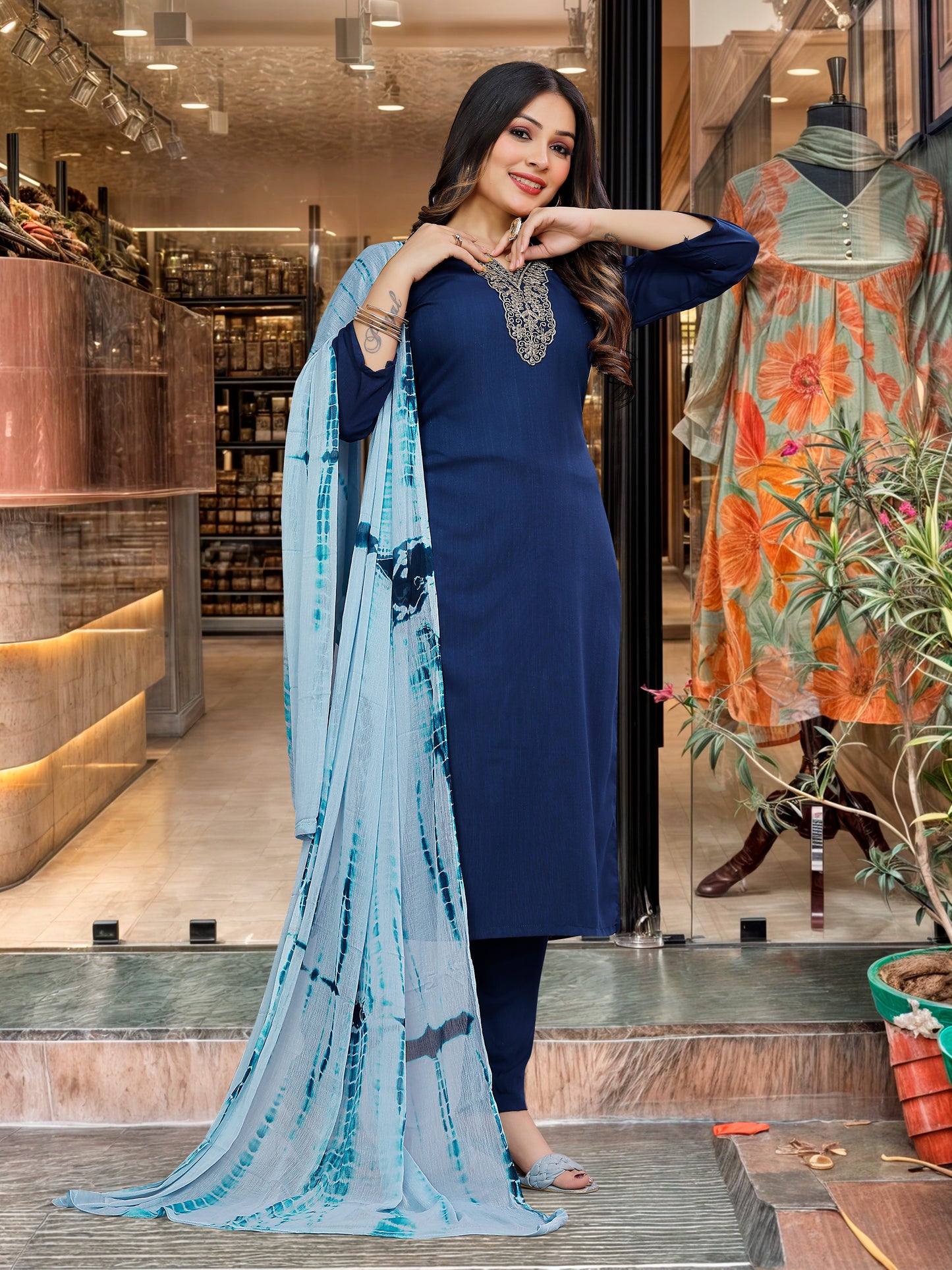 Blue Straight Salwar Suit in Magic Slub With Sequence Coding Embroidery