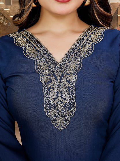 Blue Straight Salwar Suit in Magic Slub With Sequence Coding Embroidery