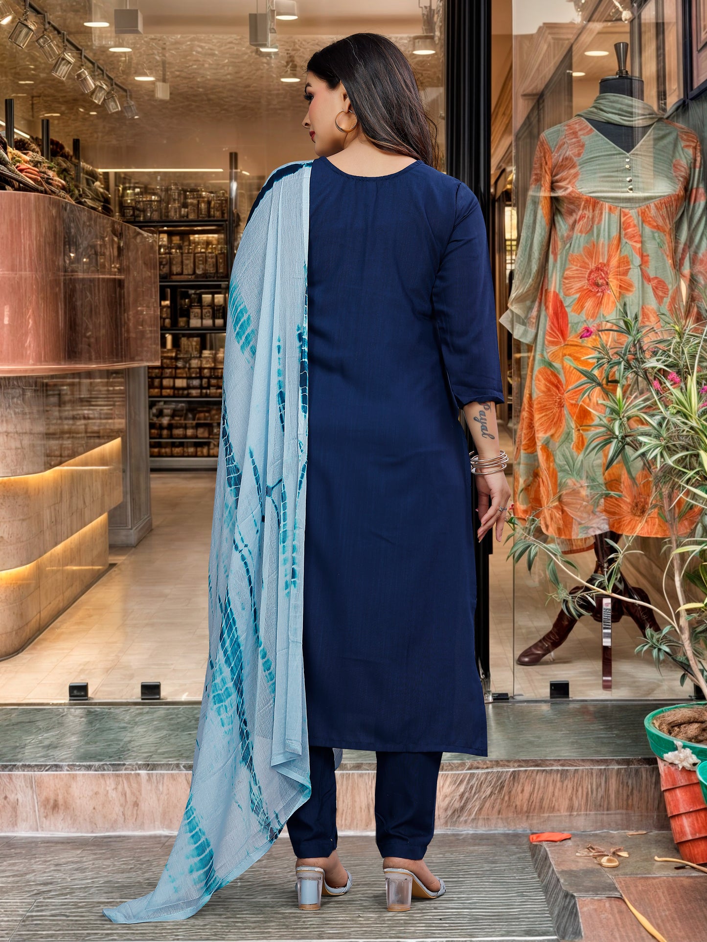 Blue Straight Salwar Suit in Magic Slub With Sequence Coding Embroidery
