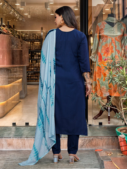 Blue Straight Salwar Suit in Magic Slub With Sequence Coding Embroidery