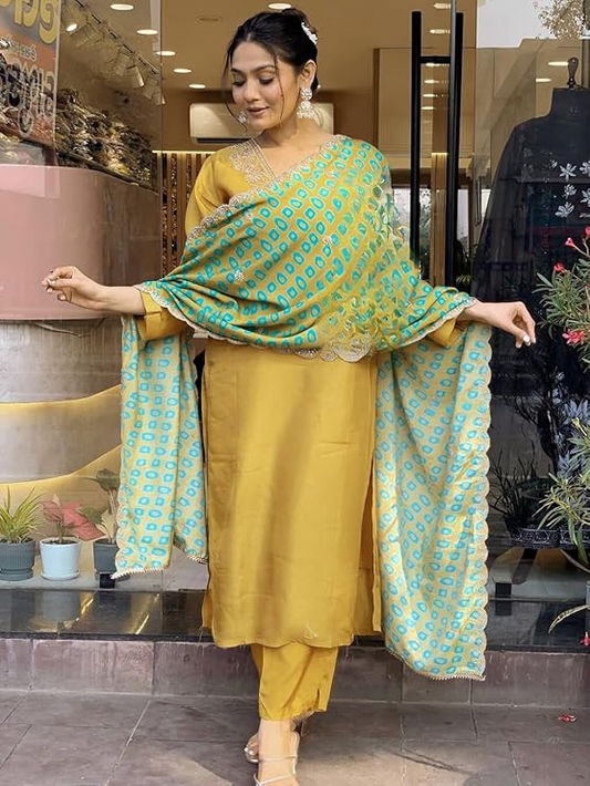 Yellow Embroidered Cotton Kurta Set