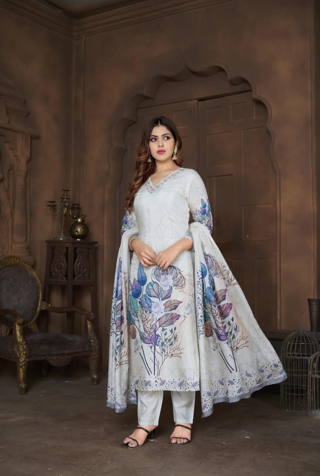 Cream Suit With Embroidery In Pure Chinon Fabrics