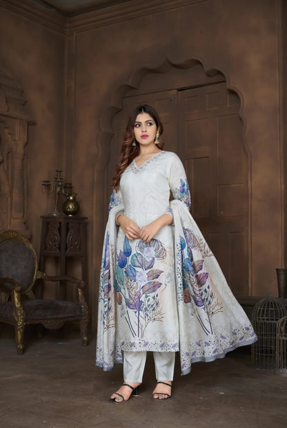 Cream Suit With Embroidery In Pure Chinon Fabrics