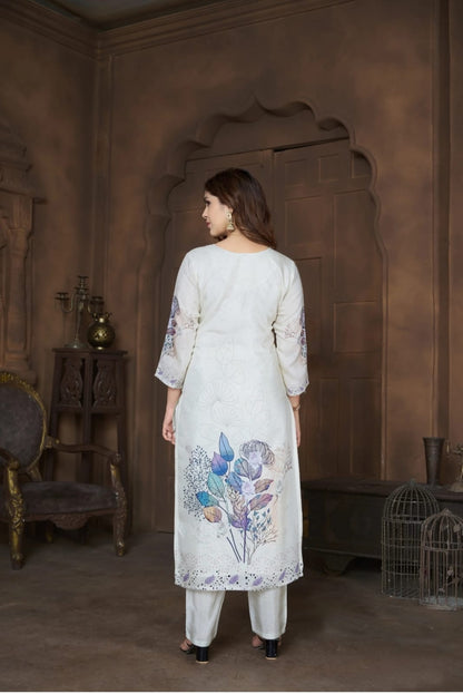 Cream Suit With Embroidery In Pure Chinon Fabrics