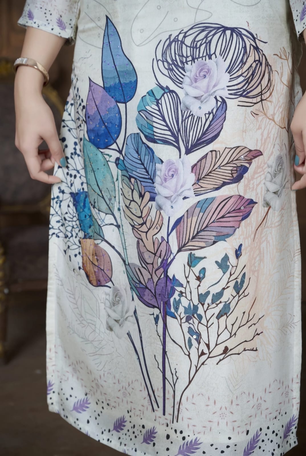 Cream Suit With Embroidery In Pure Chinon Fabrics