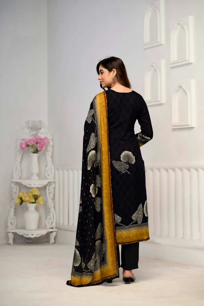 Black Kurta Set with Neck Handwork Set of Kurti With Pant & Dupatta