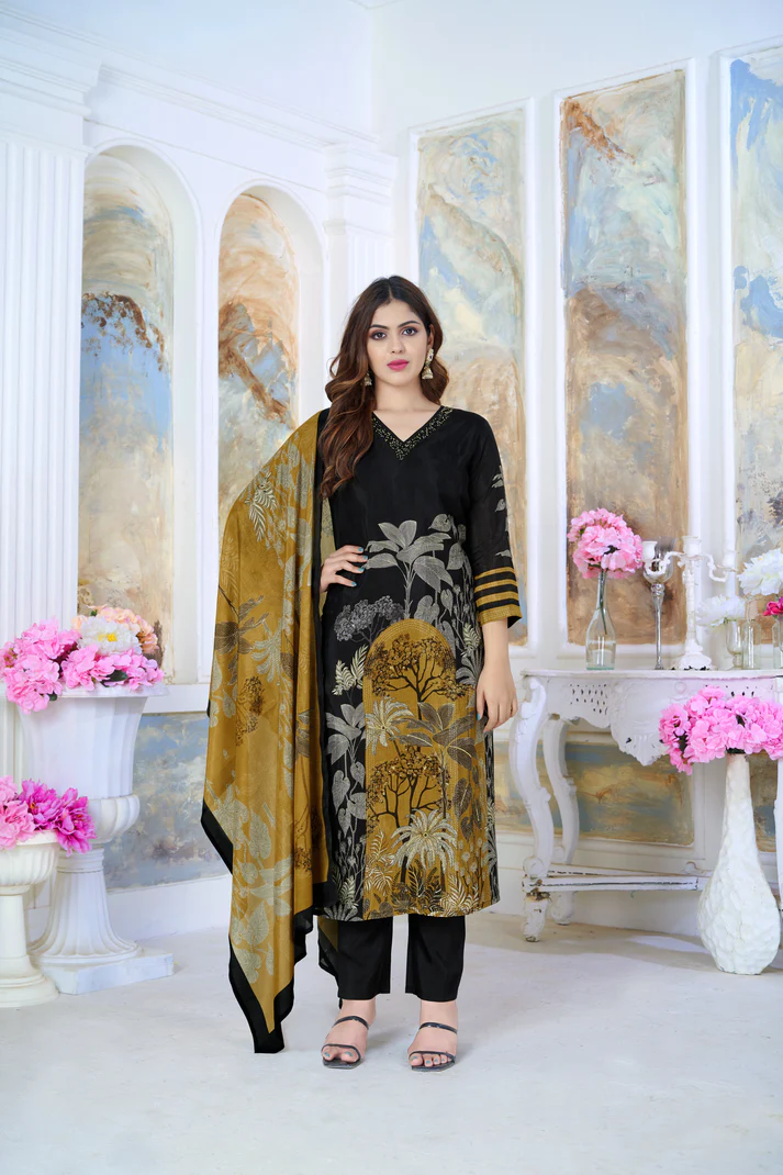 Black Modal Printed And Hand Work Straight Suit Set