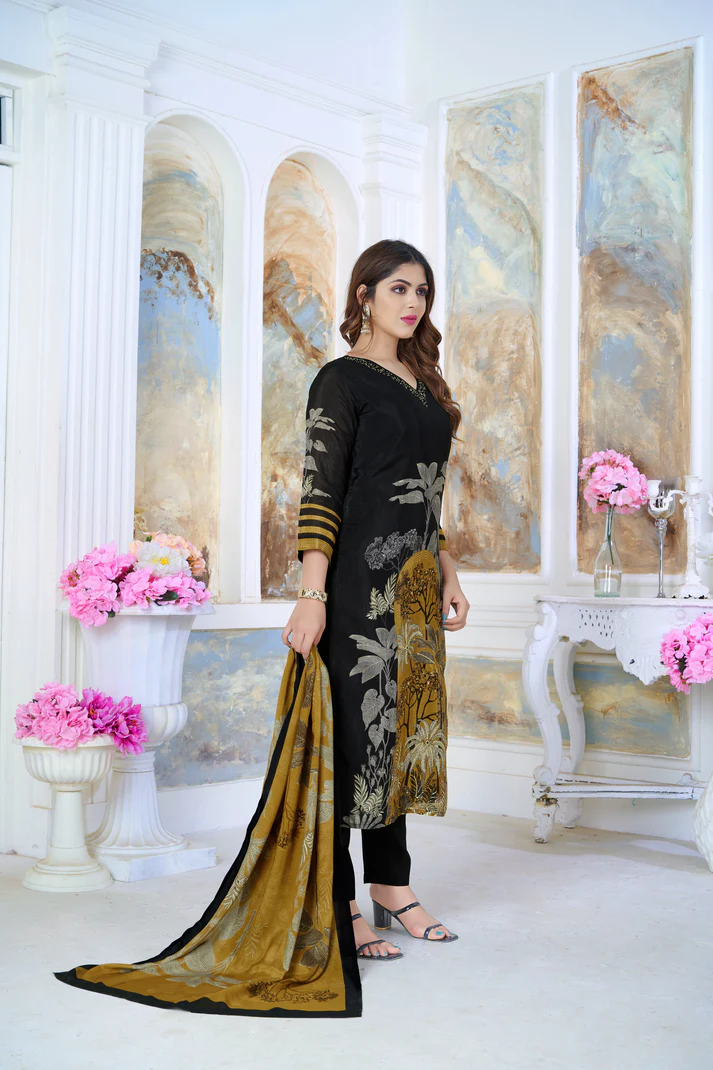 Black Modal Printed And Hand Work Straight Suit Set