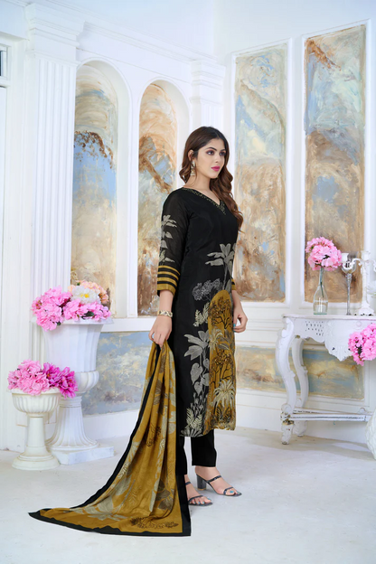 Black Modal Printed And Hand Work Straight Suit Set