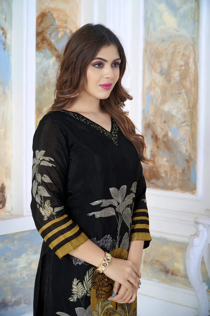Black Modal Printed And Hand Work Straight Suit Set