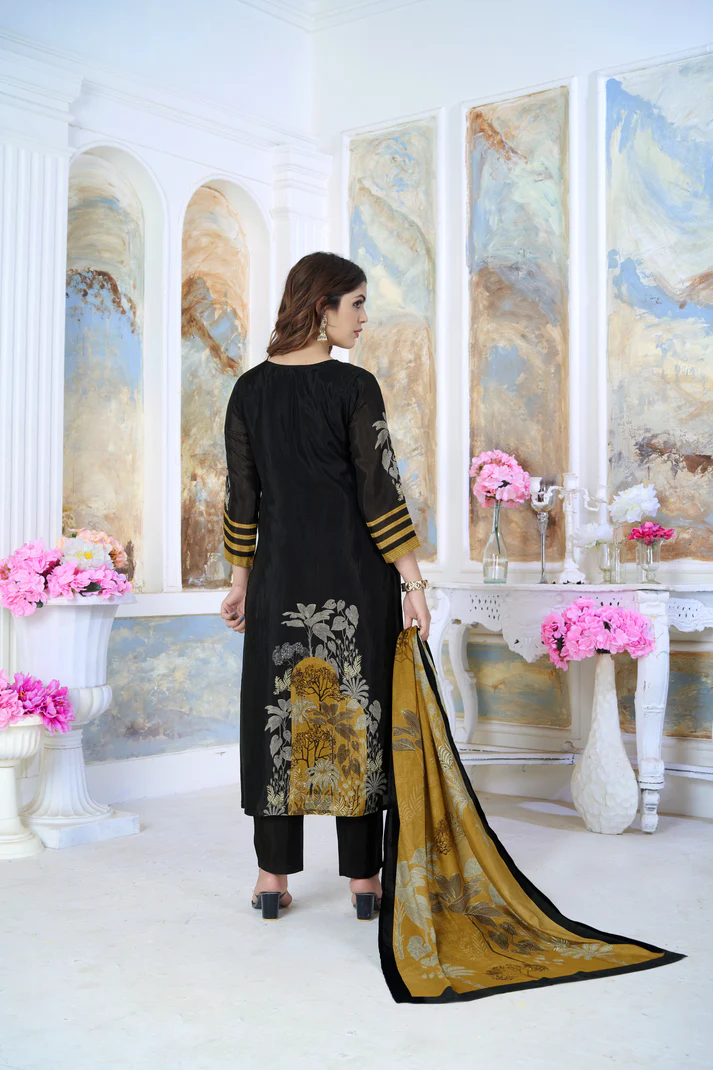 Black Modal Printed And Hand Work Straight Suit Set
