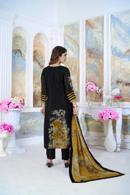 Black Modal Printed And Hand Work Straight Suit Set