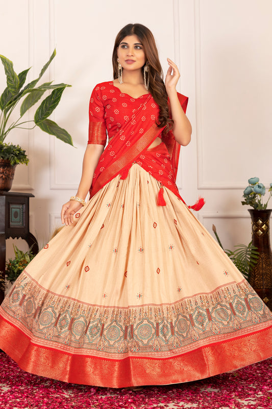 Presenting a perfectly blended Tussar silk lehenga for festive season