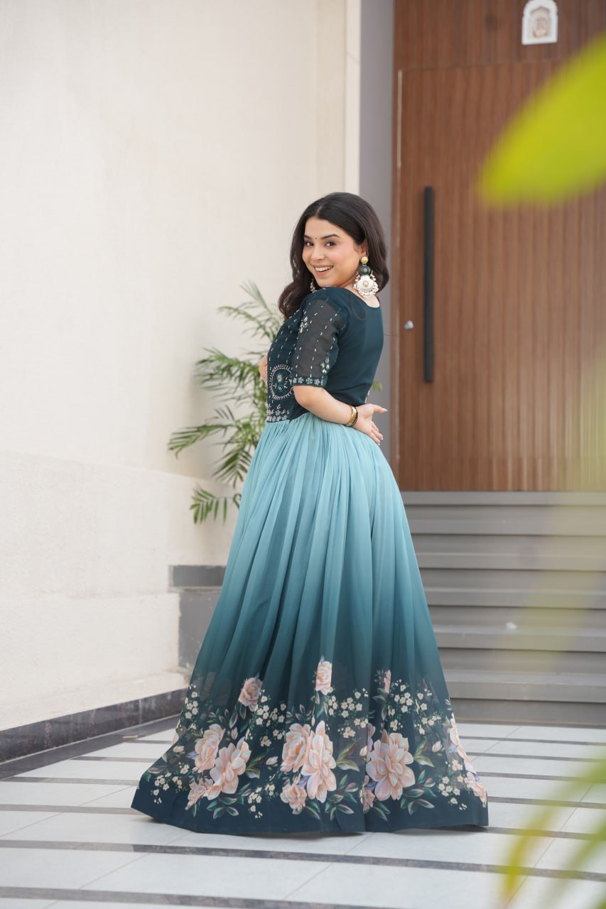 Rama Color Faux Blooming Embroidered Work Gown