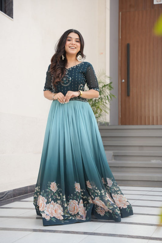Rama Color Faux Blooming Embroidered Work Gown