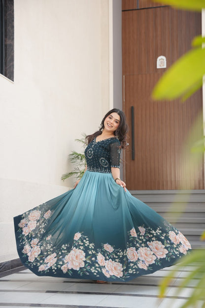 Rama Color Faux Blooming Embroidered Work Gown