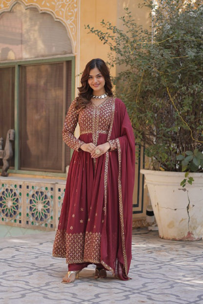 Brown Color Georgette Embroidered Sharara Suit
