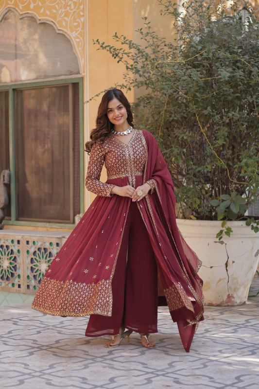 Brown Color Georgette Embroidered Sharara Suit