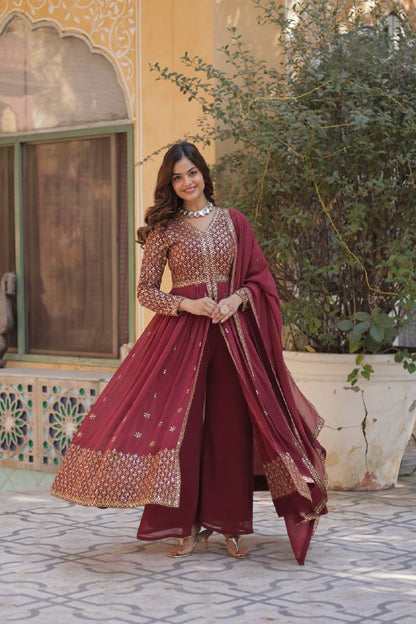 Brown Color Georgette Embroidered Sharara Suit