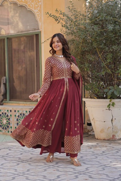Brown Color Georgette Embroidered Sharara Suit