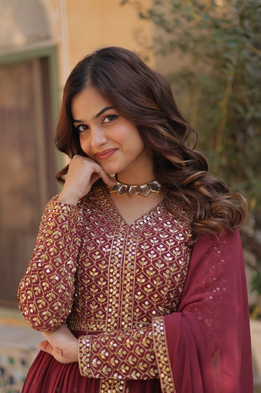 Brown Color Georgette Embroidered Sharara Suit