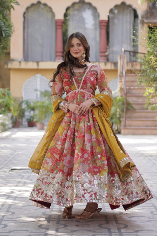 The Elegant Readymade Alia Cut Designer Ruffle Gown with Dupatta Set