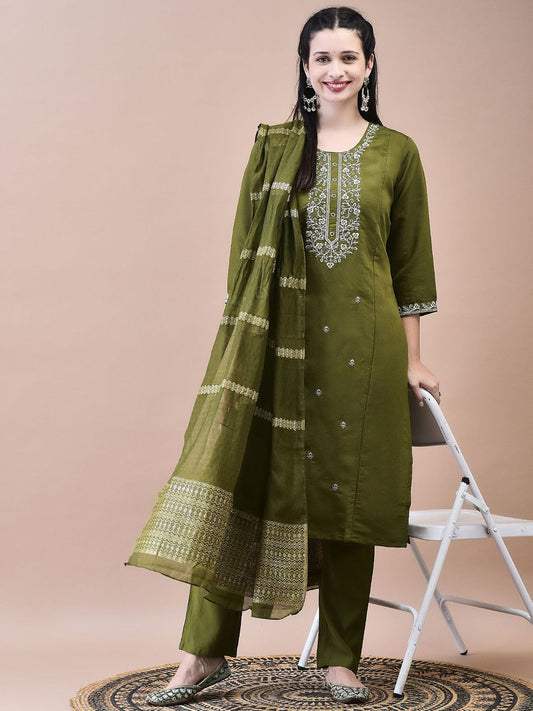 Mehandi Color Embroidered Regular Viscose Kurta Pants With Dupatta