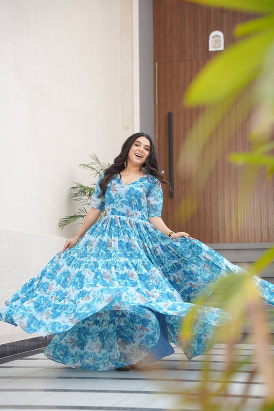 Flower Printed Full Flair Anarkali Dress