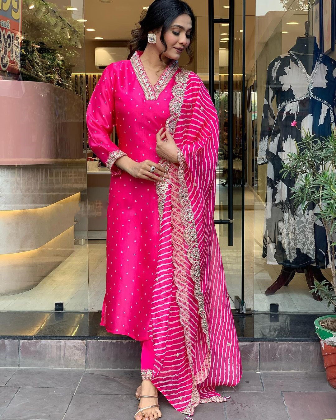 Classic Pink Color Heavy Modal Chanderi Embroidery work Kurti