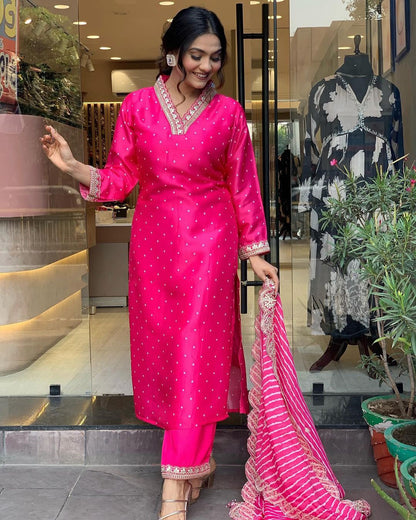Classic Pink Color Heavy Modal Chanderi Embroidery work Kurti