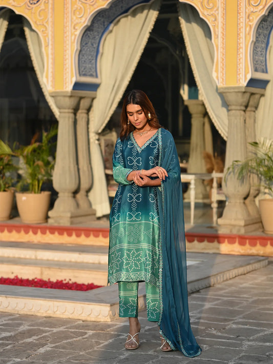 Bandhani Silk Ombre Festive Kurta Set