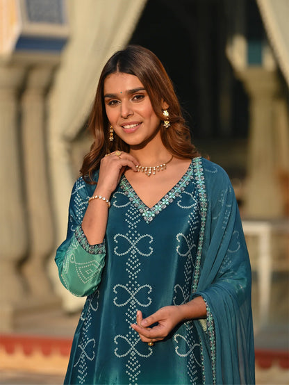 Bandhani Silk Ombre Festive Kurta Set