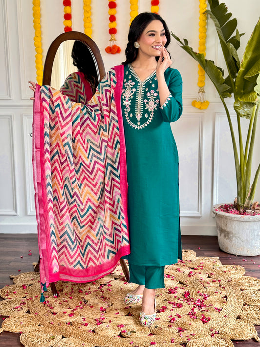 Teal Green Embroidered Chanderi Suit Set- Stitched