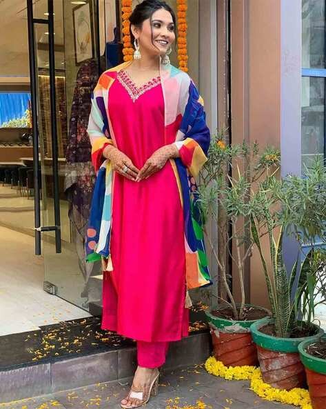Women Embroidered Straight Kurta with Pants & Dupatta
