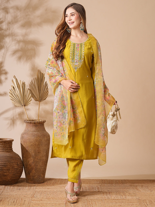 Chanderi Cotton Mustard Yellow Embroidered Straight Cut Suit