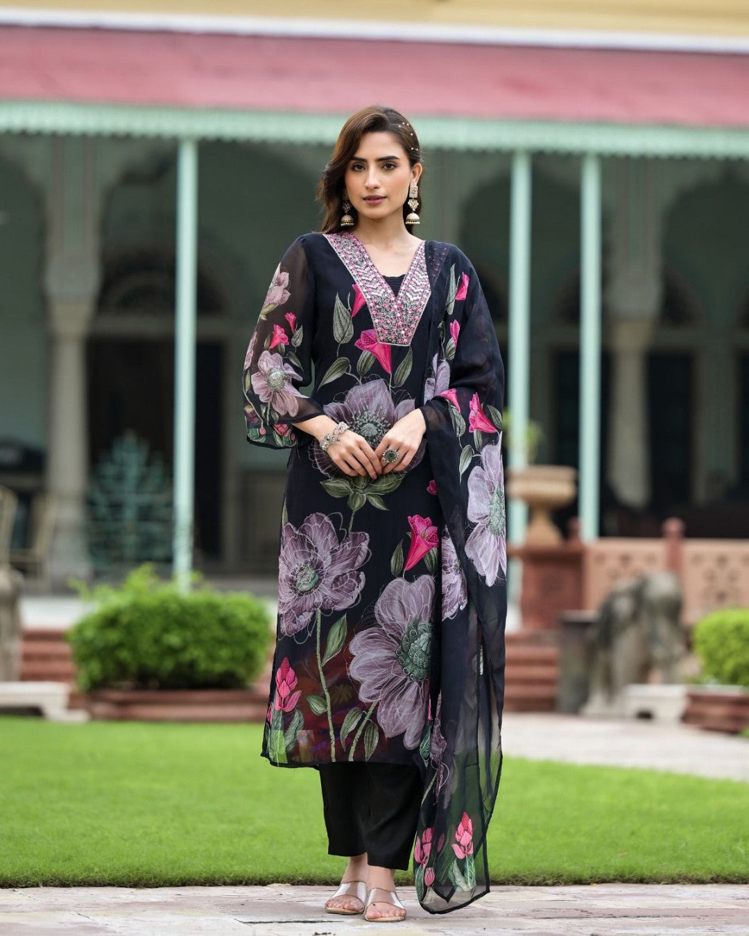 Black Printed Embroidery Georgette Kurti Set