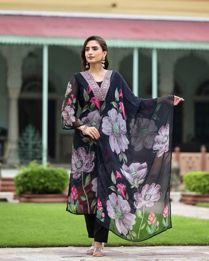 Black Printed Embroidery Georgette Kurti Set