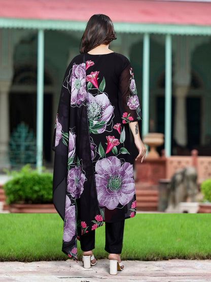 Black Printed Embroidery Georgette Kurti Set