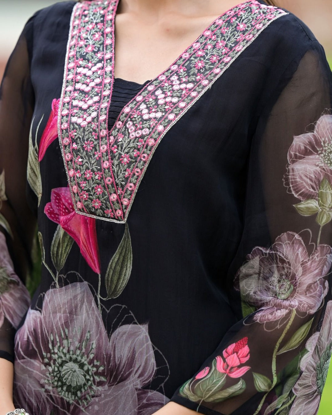 Black Printed Embroidery Georgette Kurti Set