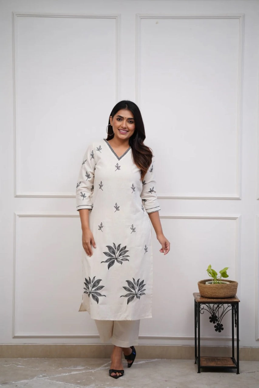 Women's Cotton Floral Printed Straight Kurta Set with Pant