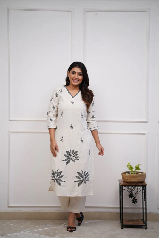 Women's Cotton Floral Printed Straight Kurta Set with Pant