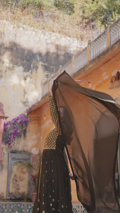 Brown Color Georgette Embroidered Sharara Suit