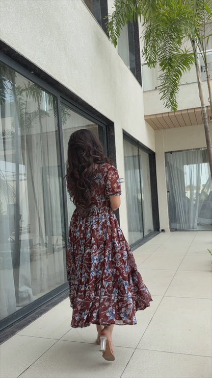 Brown Color Maxi Stylish Printed Dress