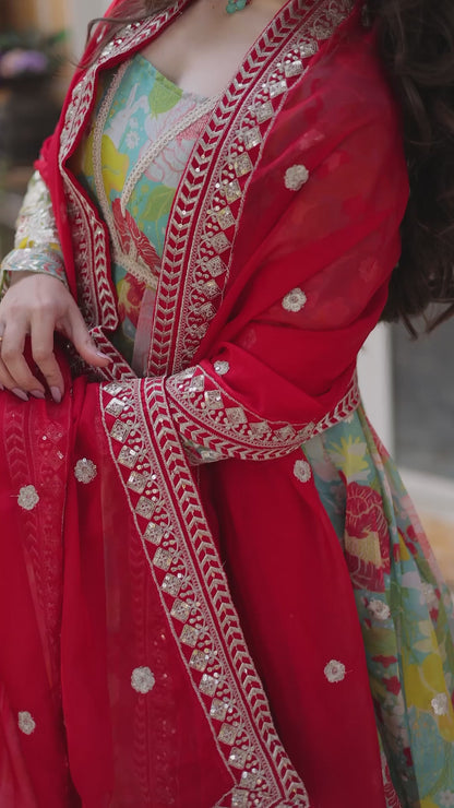 The Elegant Readymade Alia Cut Designer Ruffle Gown with Dupatta Set