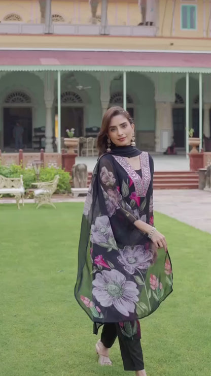 Black Printed Embroidery Georgette Kurti Set